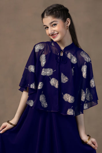 Girl's Dark Blue Maxi Dress With Foil Printed Shrug Set