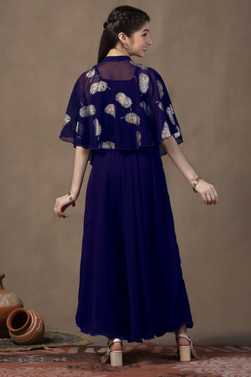 Girl's Dark Blue Maxi Dress With Foil Printed Shrug Set