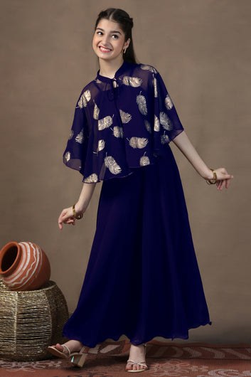 Girl's Dark Blue Maxi Dress With Foil Printed Shrug Set