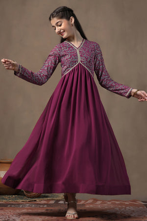 Girls Wine Georgette Printed Empire West Fit & Flare Maxi length Dress