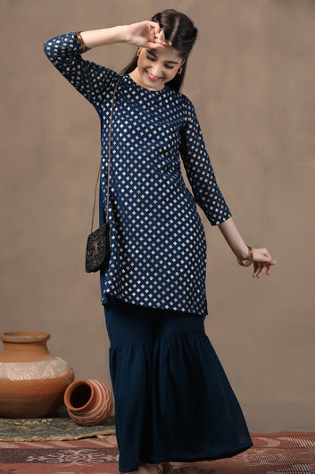 Girls Teal Blue Georgette Straight Kurta and Sharara Set