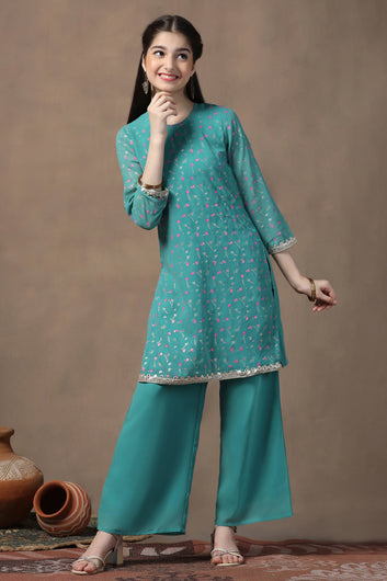 Girls Turquoise Georgette Printed Straight Kurta With Palazzo Set