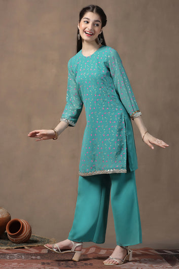 Girls Turquoise Georgette Printed Straight Kurta With Palazzo Set