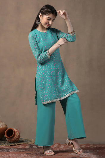 Girls Turquoise Georgette Printed Straight Kurta With Palazzo Set