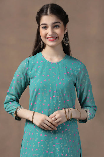 Girls Turquoise Georgette Printed Straight Kurta With Palazzo Set