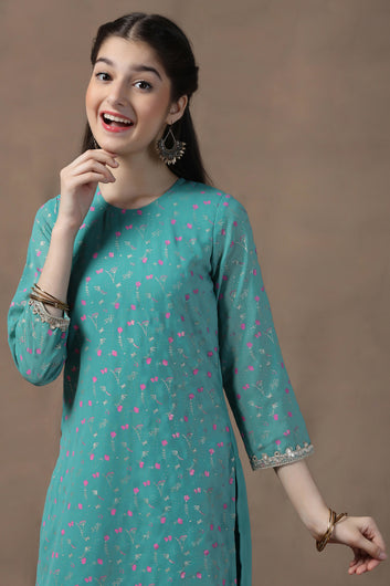 Girls Turquoise Georgette Printed Straight Kurta With Palazzo Set