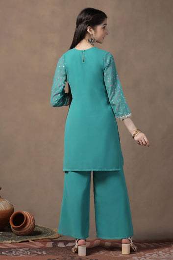 Girls Turquoise Georgette Printed Straight Kurta With Palazzo Set