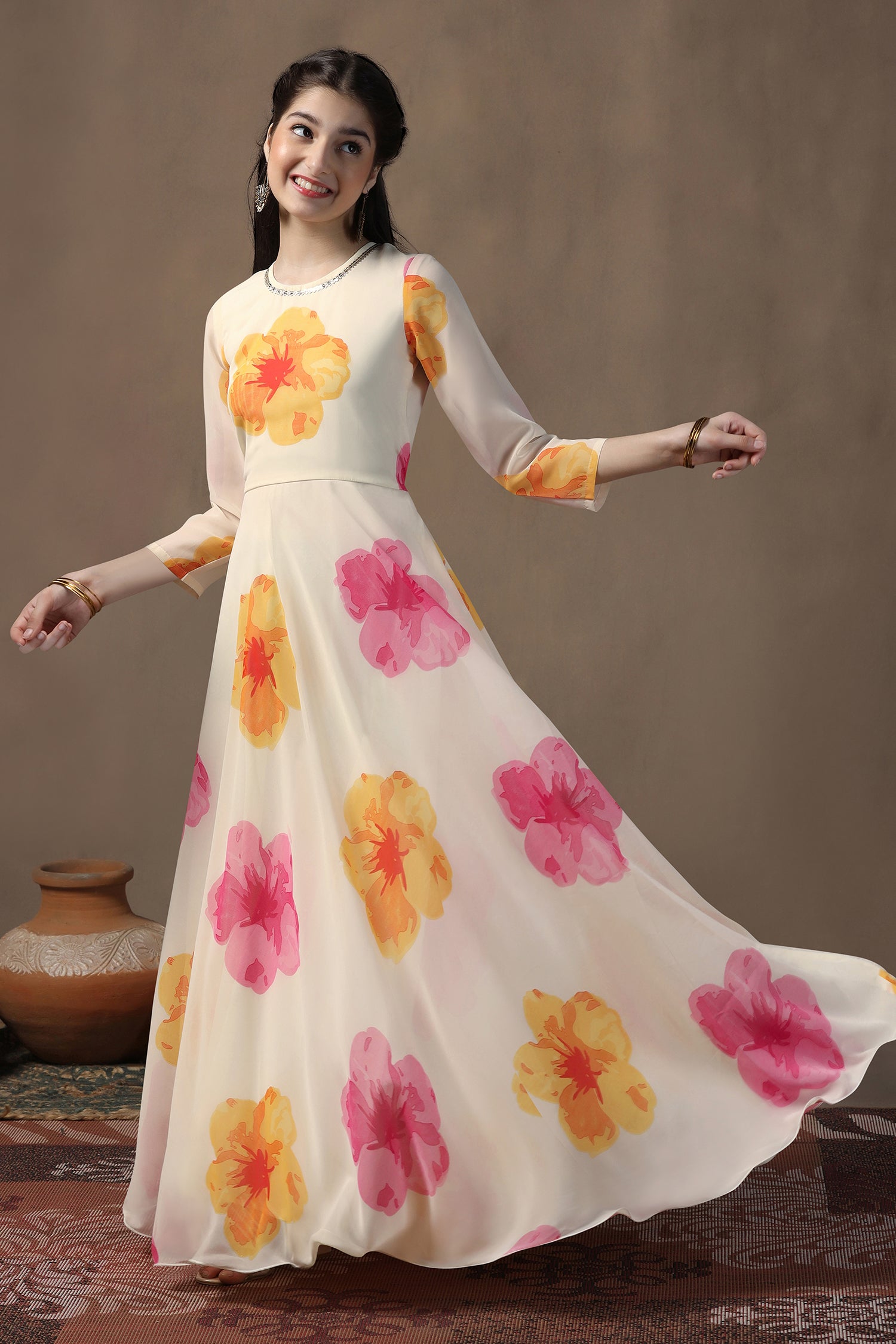 floral print frock dresses Girls Off White Georgette Floral Printed Fit & Flare Maxi length Dress