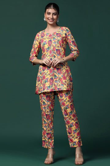 Womens Yellow Cotton Blend Printed Co-ords Top With Trouser Set