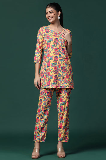 Womens Yellow Cotton Blend Printed Co-ords Top With Trouser Set