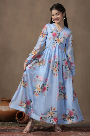 Girls Sky Blue Organza Floral Printed Empire Waist Maxi Length Dress