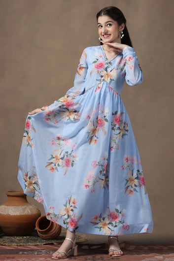 Girls Sky Blue Organza Floral Printed Empire Waist Maxi Length Dress