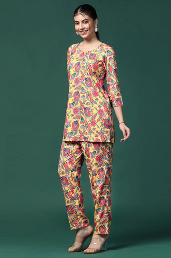 Womens Yellow Cotton Blend Printed Co-ords Top With Trouser Set