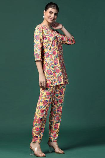 Womens Yellow Cotton Blend Printed Co-ords Top With Trouser Set