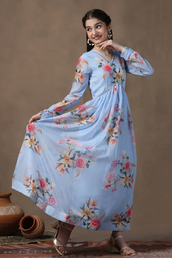 Girls Sky Blue Organza Floral Printed Empire Waist Maxi Length Dress