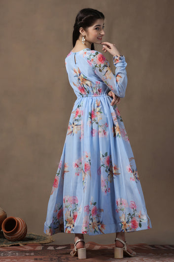 Girls Sky Blue Organza Floral Printed Empire Waist Maxi Length Dress