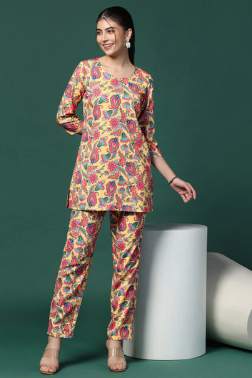 Womens Yellow Cotton Blend Printed Co-ords Top With Trouser Set