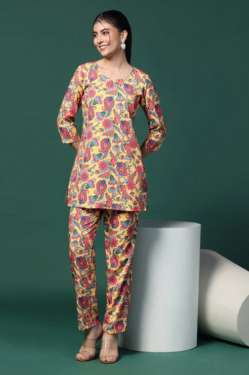 Womens Yellow Cotton Blend Printed Co-ords Top With Trouser Set