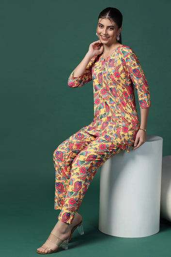 Womens Yellow Cotton Blend Printed Co-ords Top With Trouser Set