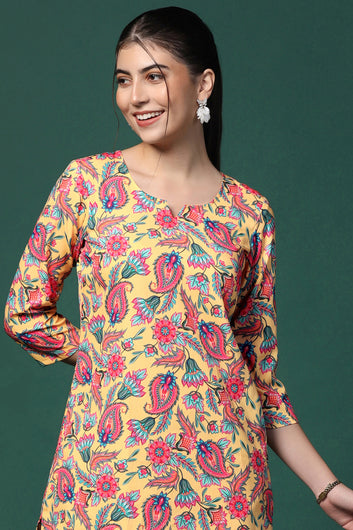 Womens Yellow Cotton Blend Printed Co-ords Top With Trouser Set