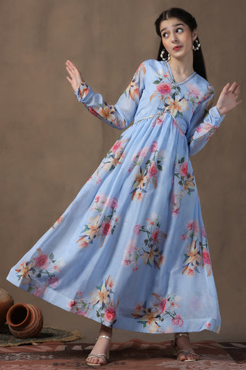 Girls Sky Blue Organza Floral Printed Empire Waist Maxi Length Dress