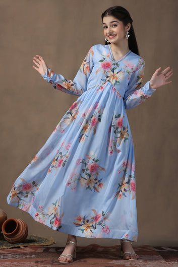 Girls Sky Blue Organza Floral Printed Empire Waist Maxi Length Dress