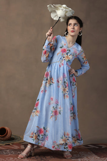 Girls Sky Blue Organza Floral Printed Empire Waist Maxi Length Dress