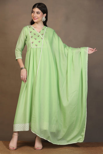 Womens Parrot Green Kota Doriya Embroidered Maxi Length Dress With Dupatta Set