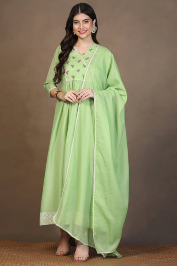 Womens Parrot Green Kota Doriya Embroidered Maxi Length Dress With Dupatta Set