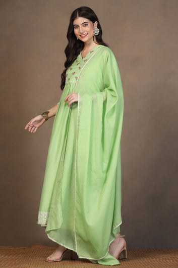 Womens Parrot Green Kota Doriya Embroidered Maxi Length Dress With Dupatta Set