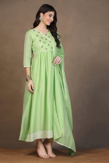 Womens Parrot Green Kota Doriya Embroidered Maxi Length Dress With Dupatta Set