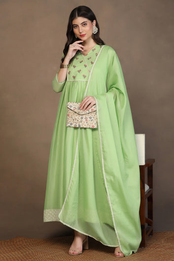 Womens Parrot Green Kota Doriya Embroidered Maxi Length Dress With Dupatta Set