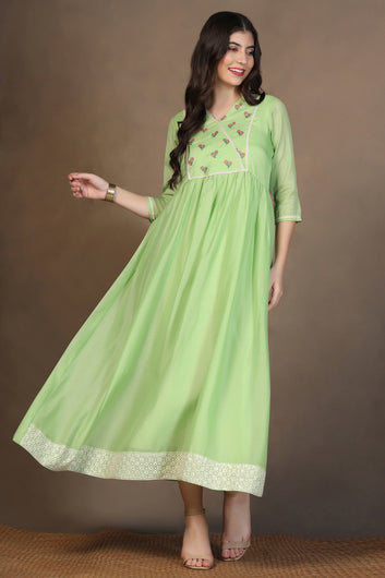 Womens Parrot Green Kota Doriya Embroidered Maxi Length Dress With Dupatta Set