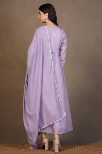 Womens Lavender Kota Doriya Embroidered Maxi Length Dress With Dupatta Set