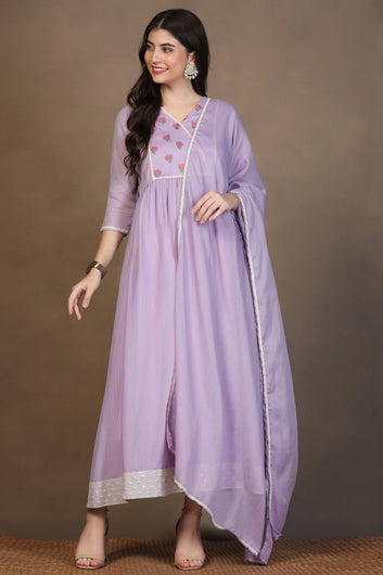 Womens Lavender Kota Doriya Embroidered Maxi Length Dress With Dupatta Set