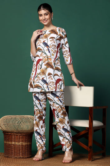 Womens Off White Cotton Blend Self Printed Co-ords Top With Trouser Set