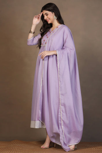 Womens Lavender Kota Doriya Embroidered Maxi Length Dress With Dupatta Set