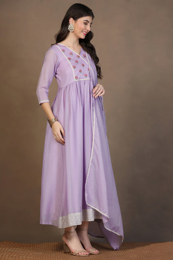 Womens Lavender Kota Doriya Embroidered Maxi Length Dress With Dupatta Set