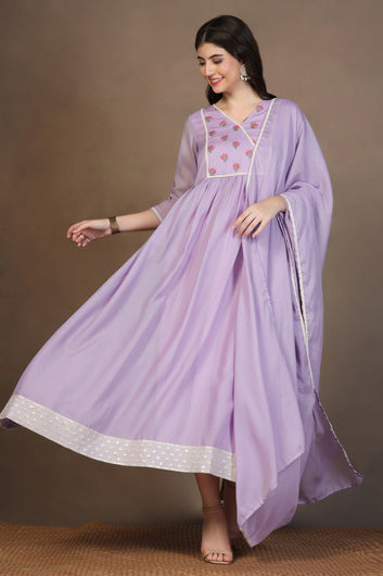 Womens Lavender Kota Doriya Embroidered Maxi Length Dress With Dupatta Set