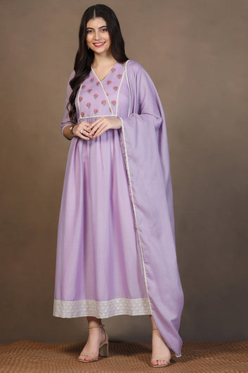 Womens Lavender Kota Doriya Embroidered Maxi Length Dress With Dupatta Set