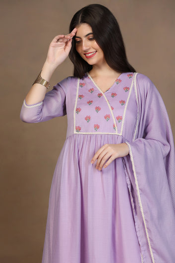 Womens Lavender Kota Doriya Embroidered Maxi Length Dress With Dupatta Set