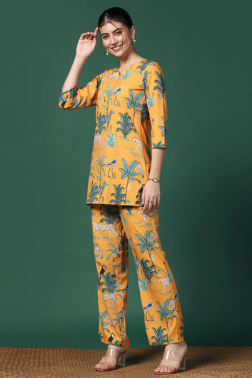 Womens Mustard Cotton Blend Animal Printed Co-ords Top With Trouser Set