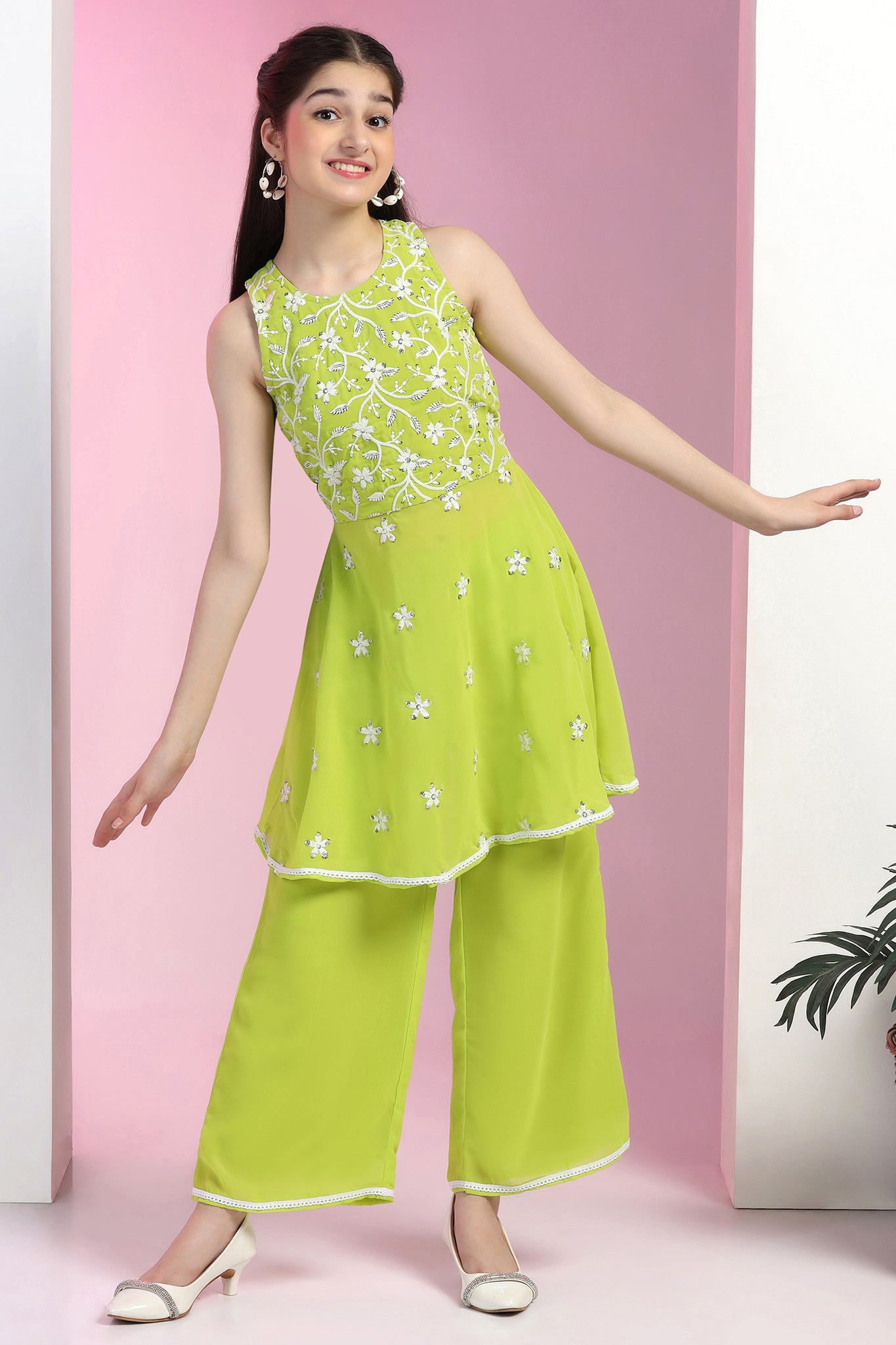 Girls Lime Fox Georgette Embroidered Knee Length Peplum Kurta With Sharara Set