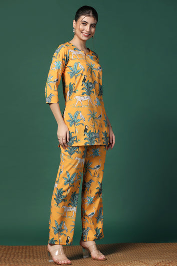 Womens Mustard Cotton Blend Animal Printed Co-ords Top With Trouser Set