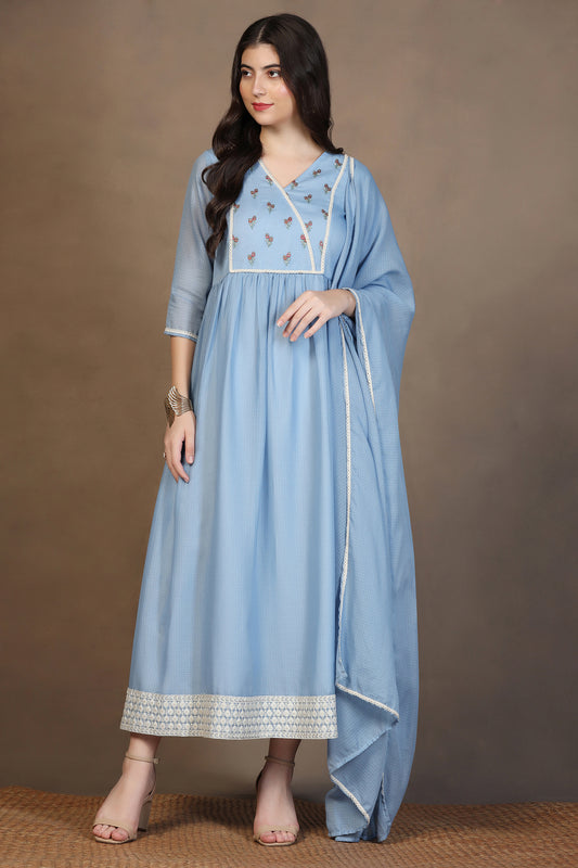 Womens Light Blue Kota Doriya Embroidered Maxi Length Dress With Dupatta Set