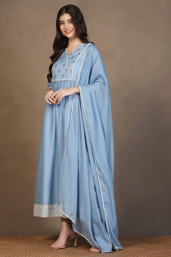 Womens Light Blue Kota Doriya Embroidered Maxi Length Dress With Dupatta Set