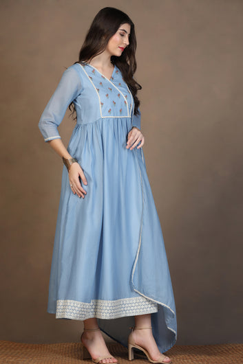 Womens Light Blue Kota Doriya Embroidered Maxi Length Dress With Dupatta Set