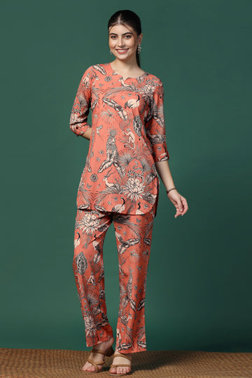 Womens Peach Cotton Blend Animal Printed Co-ords Top With Trouser Set