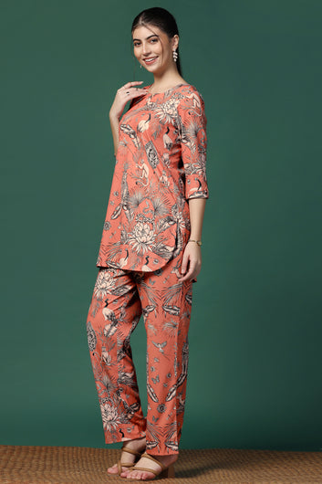 Womens Peach Cotton Blend Animal Printed Co-ords Top With Trouser Set