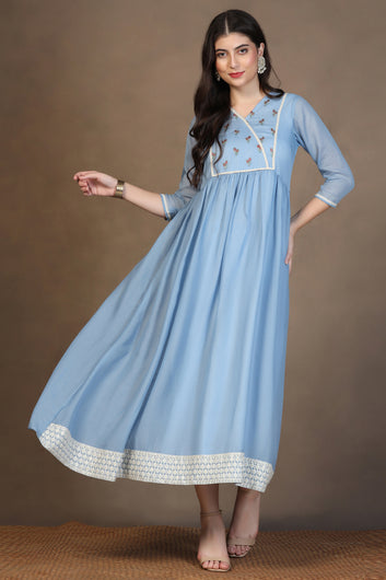 Womens Light Blue Kota Doriya Embroidered Maxi Length Dress With Dupatta Set